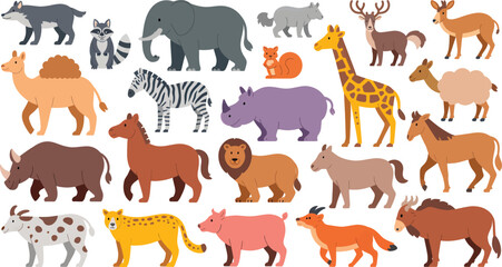 Fototapeta premium Vibrant collection of diverse wild and domestic animals in a charming flat vector illustration style, ideal for educational content, graphic design, and children's projects
