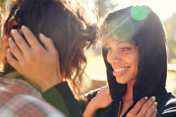 Hug, support and smile with lesbian couple in park for commitment, bonding and summer holiday. Happy, lgbt connection and date with women in nature for romantic vacation, love and care together