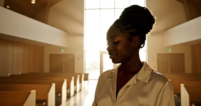 African American woman in church pews.