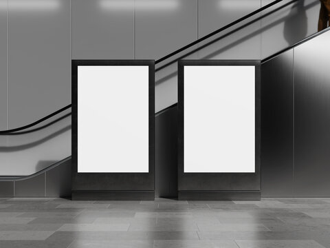 Two White Blank of Digital Advertising Poster Mockup in Subway Station with Escalator 3D Rendering