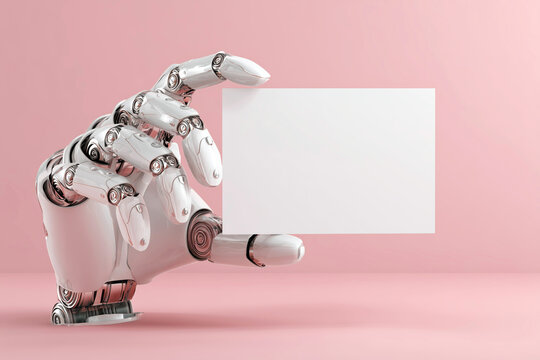 Robotic Hand Holding Blank Card on Soft Pink Background