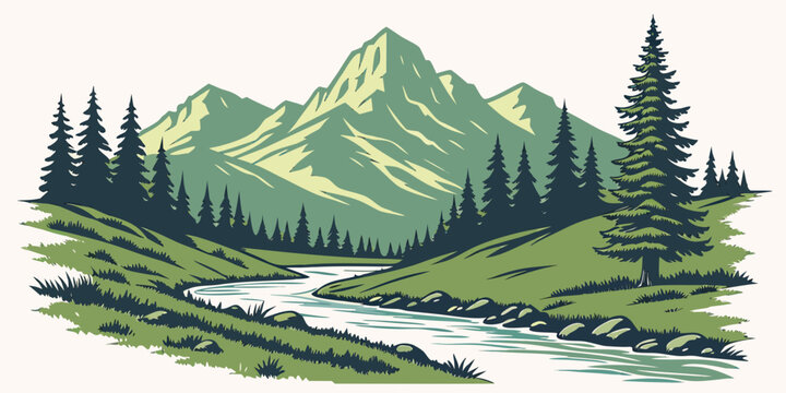 A serene mountain landscape with a winding river and lush greenery Vector