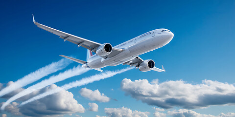 Obraz premium A commercial passenger airplane flying through a bright blue sky with fluffy white clouds and contrails visible
