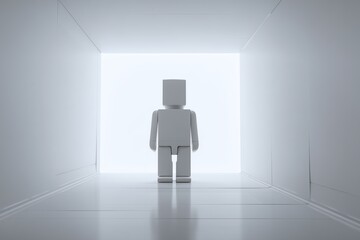 Fototapeta premium Small White Figure in Box with Bright Light at End of Corridor