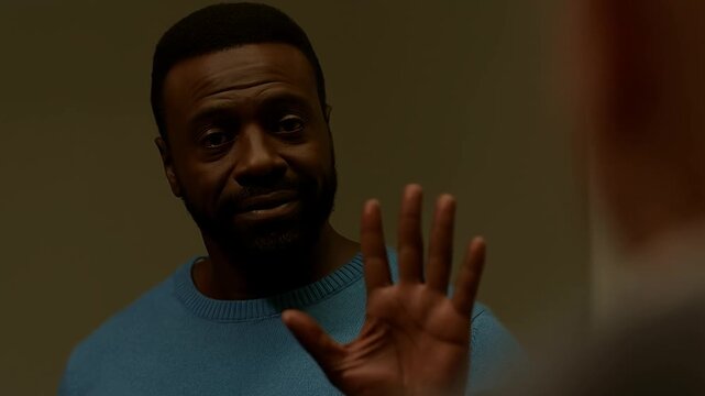 Serious man stopping, holding hand up during intense conversation scene man hand stopping conversation.
