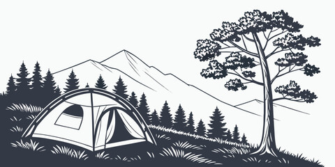 A serene campsite nestled in a forest with a tent and a hammock. Vector © RABBYMIA