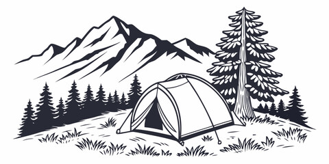 A serene mountain landscape with a tent and trees under a clear sky Vector © RABBYMIA