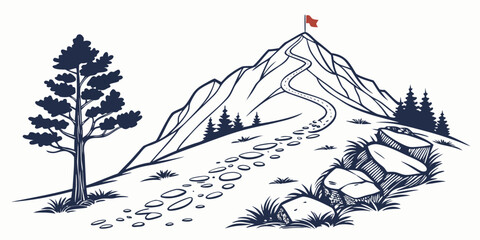 A solitary tree stands tall on a rugged mountain peak under a clear blue sky. Vector © RABBYMIA