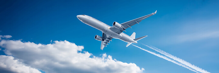 Obraz premium Commercial airplane soaring through a bright blue sky leaving a trail of contrails amongst fluffy white clouds