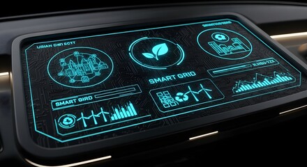 Fototapeta premium A futuristic smart grid control panel displaying various eco-friendly and technological data visualizations