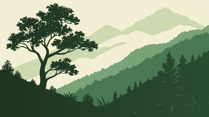 A majestic tree stands tall on a misty mountain peak, overlooking a serene valley. Vector © RABBYMIA