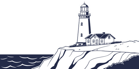 A solitary lighthouse stands tall on a rocky cliff overlooking the vast ocean. Vector © RABBYMIA