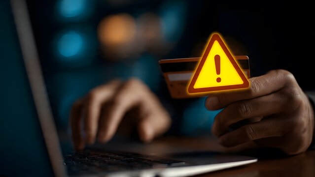 Person holding credit card with prominent yellow warning triangle symbol while typing on laptop illustrating online payment security risks