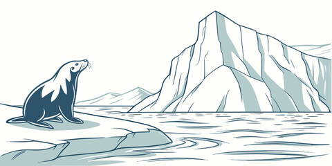 A majestic black and white illustration of a whale swimming in icy waters. Vector © RABBYMIA