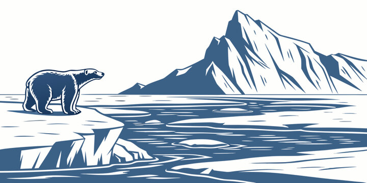 Polar bears walking across ice floes in the arctic wilderness. Vector