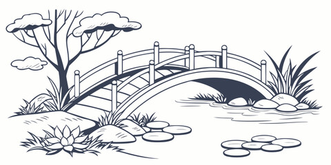 A serene landscape with a small bridge over a tranquil pond surrounded by lush vegetation Vector © RABBYMIA