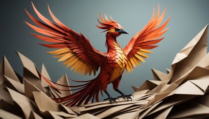 Fototapeta premium an intricate bird with orange and yellow plumage. This bird stands majestically atop textured paper mountains, showcasing artistic paper craftsmanship.