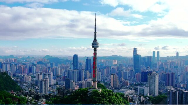Guiyang Cityscape with Dongshan Tower and Mountains