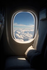 Fototapeta premium Calm cabin scene: soft light through a jet window to a blue sky