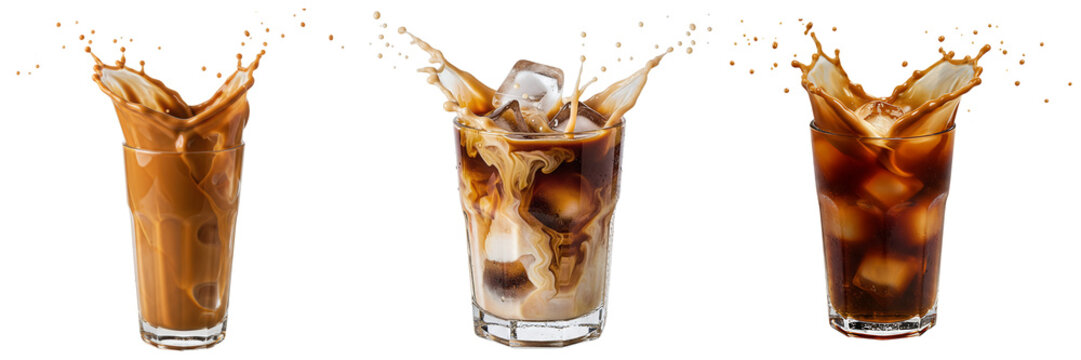 Dynamic splashes of cold brew and iced latte in clear glasses, refreshing summer drinks on transparent background.