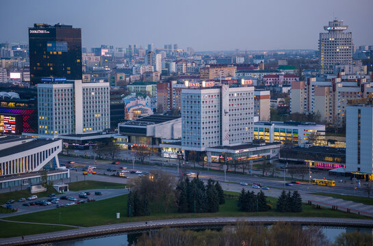 Minsk, Belarus - May 15, 2022: Minsk city skyline view at twilight with buildings and traffic on Pobediteley Avenue