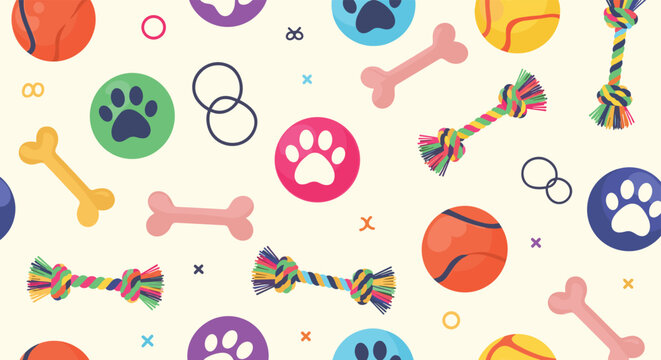Colorful seamless pattern features various pet accessories including balls bones ropes and paw prints for dogs and cats on a cream base.