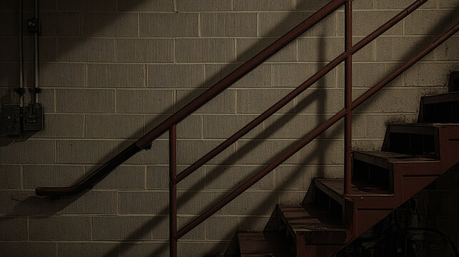 Rustic metal stair railing shadow on industrial cinderblock wall, moody low light atmosphere evoking solitude