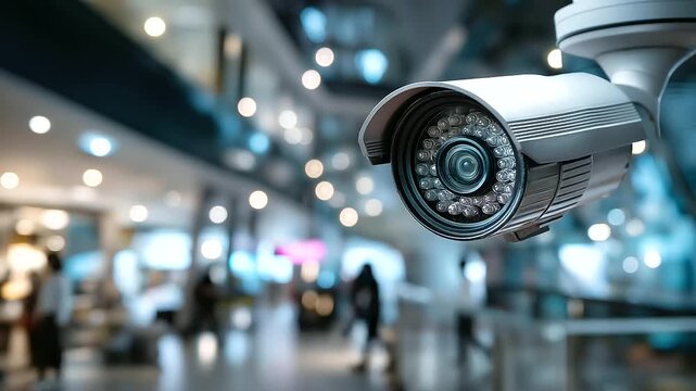 Security camera monitoring premises, surveillance for safety and security, overhead installation in brightly lit interior, comprehensive coverage system, facility protection