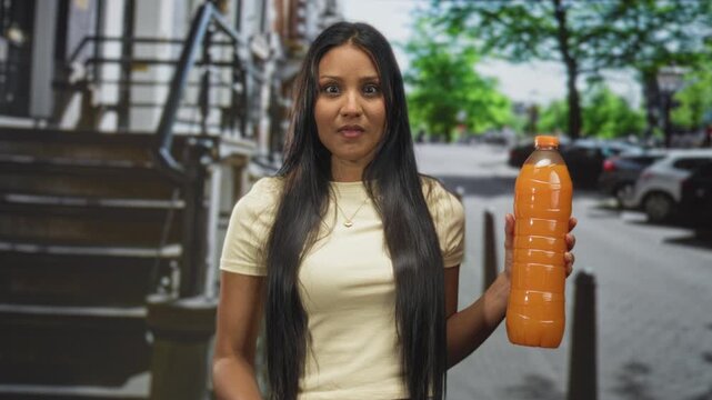 Woman holds orange juice bottle in right hand on a city street stoop with parked cars and trees; joyful surprise.