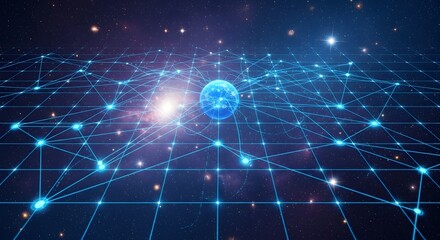 Naklejka premium A futuristic digital network illustration with a blue planet and stars in space