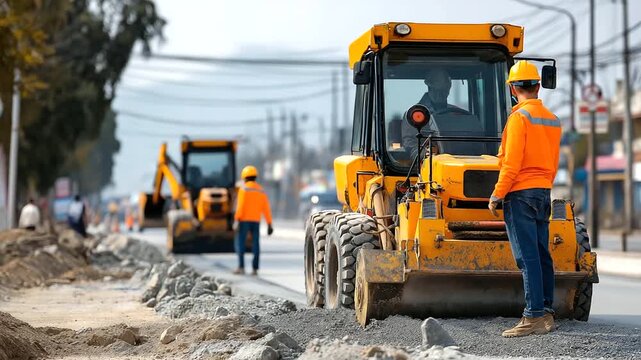 Road construction crew at work with faceless workers, infrastructure maintenance project, highway repair operations, civil engineering team, public works construction, street