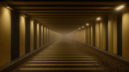 Obraz premium Golden lit concrete tunnel with vanishing point, patterned floor and misty atmosphere creating moody depth