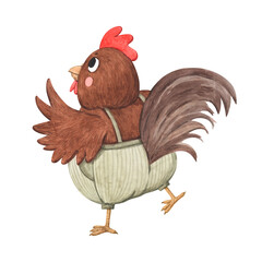 A watercolor illustration of a rooster in striped pants. A bright and friendly character in motion. This isolated illustration is suitable for natural product packaging, children's books, and farm bra © Anna Bastron