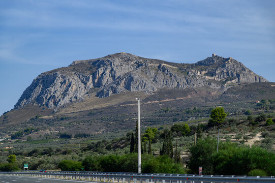 Acrocorinth fortress hill in the Peloponnese, Greece  