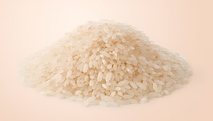 Close-up of a pile of white, uncooked grains against a soft peach backdrop