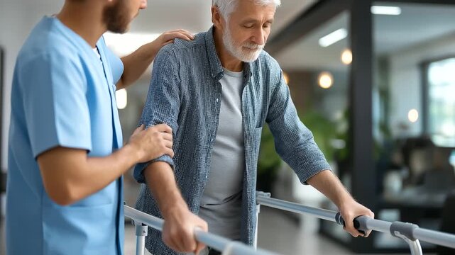 Faceless physiotherapist assisting patient with walking rehabilitation, defocused using parallel bars in modern clinic, gait training, mobility recovery, with copy space
