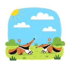 Obraz premium Cute Anteaters Playing in a Sunny Meadow.