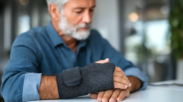 Faceless older individual resting hand in functional brace, defocused rehabilitation clinic, image conveying vulnerability, strength and recovery, therapeutic support, with copy