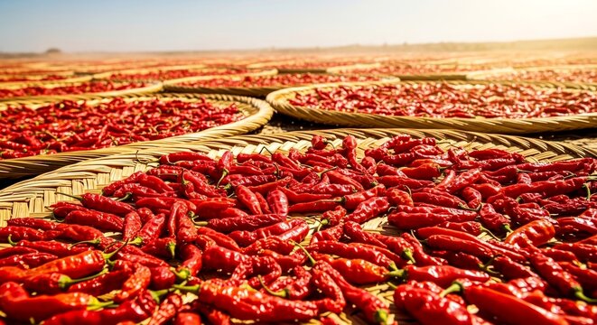 Red chili peppers drying under sunlight in woven baskets  