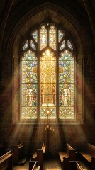 Fototapeta premium Radiant cross stained glass window with glowing sunlight