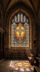 Obraz premium Radiant cross stained glass window with glowing sunlight