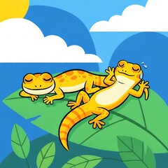 Obraz premium Cute Cartoon Geckos Resting on Leaves Under a Sunny Sky.