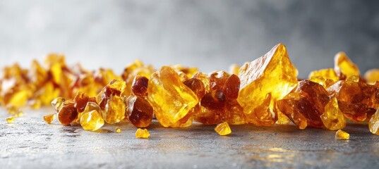 Raw amber stones are scattered across a textured gray surface. These natural translucent resin pieces glow with warm orange and golden yellow tones.
