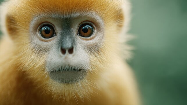 A curious golden snub-nosed monkey with captivating, focused gaze, its soft fur and expressive face fill the frame, showcasing the beauty of the species.