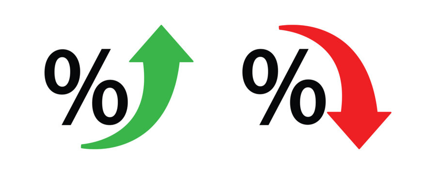 Percentage increase and decrease arrow. Percent sign with up and down arrow representing growth, profit, loss. Transparent PNG and vector