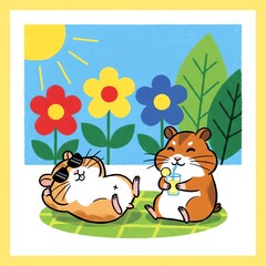 Fototapeta premium Cute Hamsters Relaxing in a Sunny Garden with Flowers.