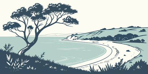A serene landscape featuring a winding river and lush trees on its banks Vector © MD MOGAMMEL HAQUE 