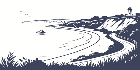 A serene lighthouse standing tall on a cliff overlooking a winding river. Vector © MD MOGAMMEL HAQUE 