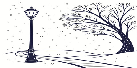 A solitary lamp post stands in a field with a tree in the background. Vector © MD MOGAMMEL HAQUE 