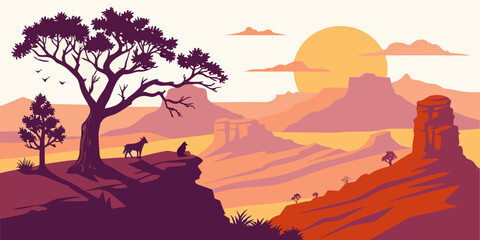 A serene landscape with mountains, trees, and a vibrant sunset sky Vector